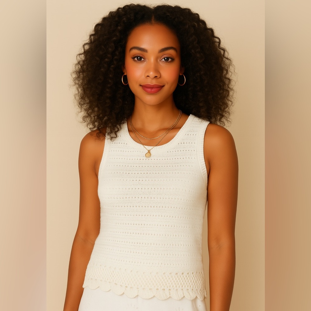 J Crew Fac NWT Intricate Crochet Sweater Tank Size Medium in Ivory Scalloped Hem